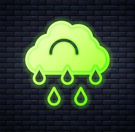 Glowing neon Cloud with rain icon isolated on brick wall background. Rain cloud precipitation with rain drops. Vectorのイラスト素材