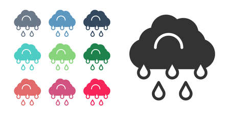 Black Cloud with rain icon isolated on white background. Rain cloud precipitation with rain drops. Set icons colorful. Vectorのイラスト素材