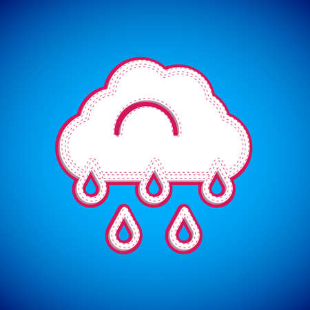 White Cloud with rain icon isolated on blue background. Rain cloud precipitation with rain drops. Vectorのイラスト素材