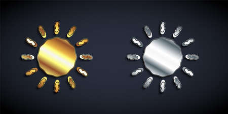 Gold and silver Sun icon isolated on black background. Long shadow style. Vectorのイラスト素材