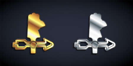 Gold and silver Rooster weather vane icon isolated on black background. Weathercock sign. Windvane rooster. Long shadow style. Vectorのイラスト素材