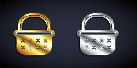 Gold and silver Wicker basket icon isolated on black background. Long shadow style. Vectorのイラスト素材