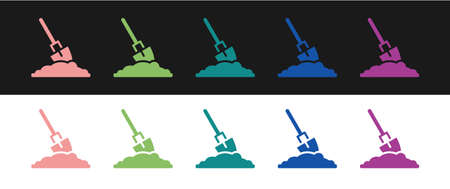 Set Shovel in the ground icon isolated on black and white background. Gardening tool. Tool for horticulture, agriculture, farming. Vectorのイラスト素材