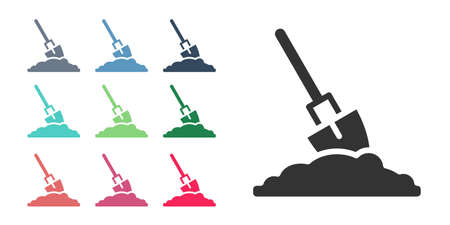 Black Shovel in the ground icon isolated on white background. Gardening tool. Tool for horticulture, agriculture, farming. Set icons colorful. Vectorのイラスト素材