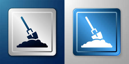 White Shovel in the ground icon isolated on blue and grey background. Gardening tool. Tool for horticulture, agriculture, farming. Silver and blue square button. Vectorのイラスト素材