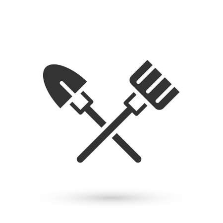 Grey Shovel and rake icon isolated on white background. Tool for horticulture, agriculture, gardening, farming. Ground cultivator. Vectorのイラスト素材