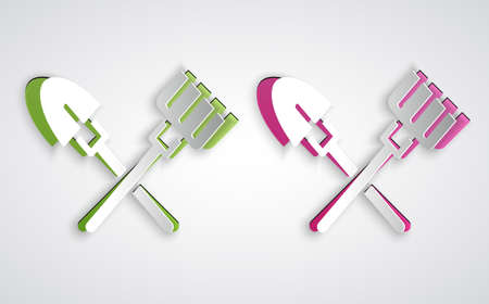 Paper cut Shovel and rake icon isolated on grey background. Tool for horticulture, agriculture, gardening, farming. Ground cultivator. Paper art style. Vectorのイラスト素材