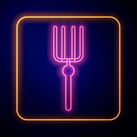 Glowing neon Garden pitchfork icon isolated on black background. Garden fork sign. Tool for horticulture, agriculture, farming. Vectorのイラスト素材