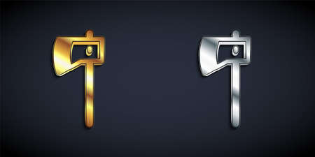 Gold and silver Wooden axe icon isolated on black background. Lumberjack axe. Long shadow style. Vectorのイラスト素材