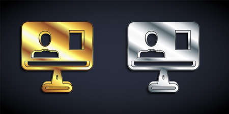 Gold and silver Online class icon isolated on black background. Online education concept. Long shadow style. Vectorのイラスト素材