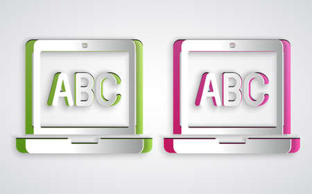 Paper cut Laptop icon isolated on grey background. Computer notebook with empty screen sign. Paper art style. Vectorのイラスト素材