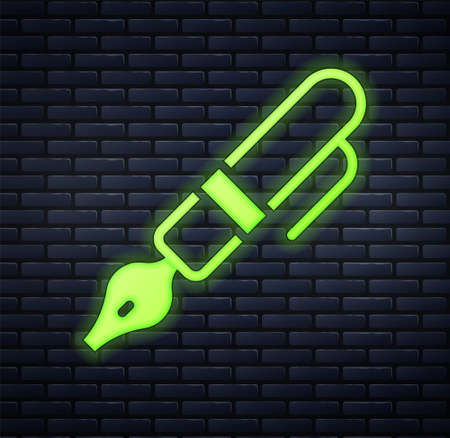 Glowing neon Fountain pen nib icon isolated on brick wall background. Pen tool sign. Vectorのイラスト素材
