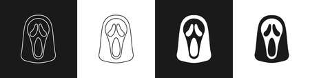 Set Funny and scary ghost mask for Halloween icon isolated on black and white background. Happy Halloween party. Vectorのイラスト素材