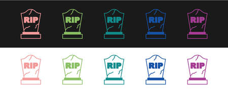 Set Tombstone with RIP written on it icon isolated on black and white background. Grave icon. Happy Halloween party. Vectorのイラスト素材