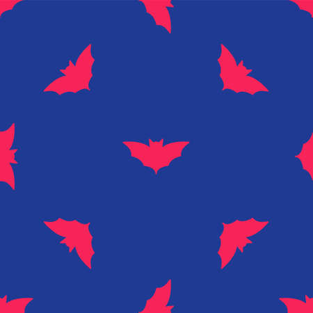 Red Flying bat icon isolated seamless pattern on blue background. Happy Halloween party. Vector