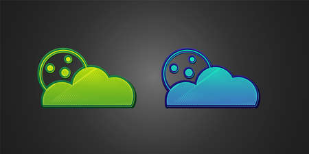 Green and blue Moon and stars icon isolated on black background. Cloudy night sign. Sleep dreams symbol. Full moon. Night or bed time sign. Vectorのイラスト素材