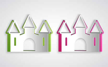 Paper cut Castle icon isolated on grey background. Medieval fortress with a tower. Protection from enemies. Reliability and defense of the city. Paper art style. Vectorのイラスト素材