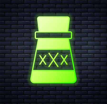 Glowing neon Bottle with potion icon isolated on brick wall background. Flask with magic potion. Happy Halloween party. Vectorのイラスト素材