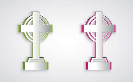 Paper cut Tombstone with cross icon isolated on grey background. Grave icon. Happy Halloween party. Paper art style. Vectorのイラスト素材