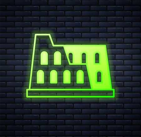 Glowing neon Coliseum in Rome, Italy icon isolated on brick wall background. Colosseum sign. Symbol of Ancient Rome, gladiator fights. Vectorのイラスト素材