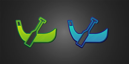 Green and blue Gondola boat italy venice icon isolated on black background. Tourism rowing transport romantic. Vectorのイラスト素材