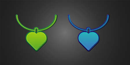 Green and blue Necklace with heart shaped pendant icon isolated on black background. Jewellery decoration. International Happy Women Day. Vectorのイラスト素材