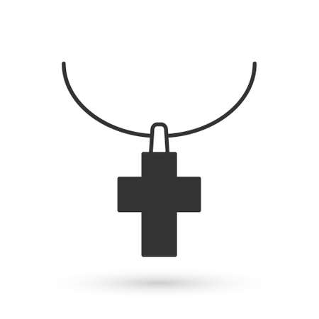 Grey Christian cross on chain icon isolated on white background. Church cross. Vectorのイラスト素材