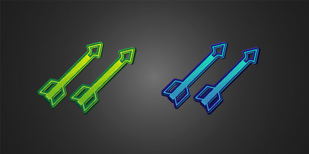 Green and blue Medieval arrows icon isolated on black background. Medieval weapon. Vectorのイラスト素材