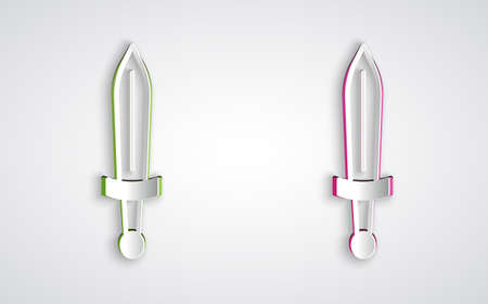 Paper cut Medieval sword icon isolated on grey background. Medieval weapon. Paper art style. Vectorのイラスト素材