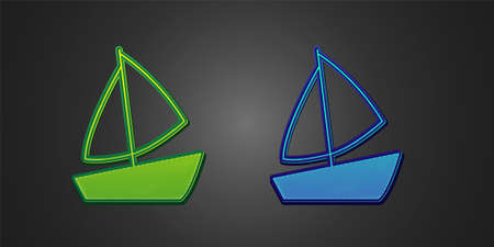 Green and blue Yacht sailboat or sailing ship icon isolated on black background. Sail boat marine cruise travel. Vectorのイラスト素材