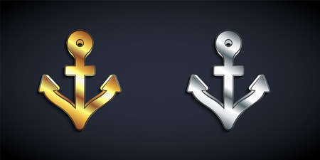 Gold and silver Anchor icon isolated on black background. Long shadow style. Vectorのイラスト素材