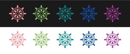 Set Ship steering wheel icon isolated on black and white background. Vectorのイラスト素材