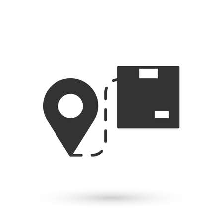 Grey Location with cardboard box icon isolated on white background. Delivery services, logistic and transportation, distribution. Vectorのイラスト素材