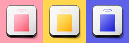 Isometric Paper shopping bag icon isolated on pink, yellow and blue background. Package sign. Square button. Vectorのイラスト素材