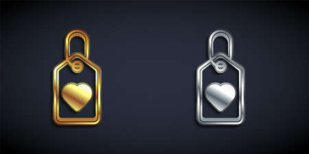 Gold and silver Heart tag icon isolated on black background. Love symbol. Valentine day symbol. Long shadow style. Vectorのイラスト素材