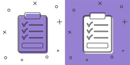 Set Clipboard with checklist icon isolated on white and purple background. Control list symbol....