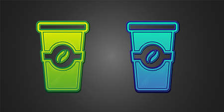 Green and blue Coffee cup to go icon isolated on black background. Vectorのイラスト素材