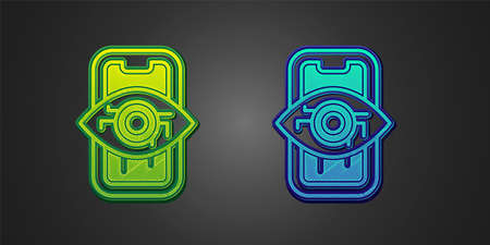 Green and blue Computer vision icon isolated on black background. Technical vision, eye circuit, video surveillance system, augmented reality systems. Vectorのイラスト素材