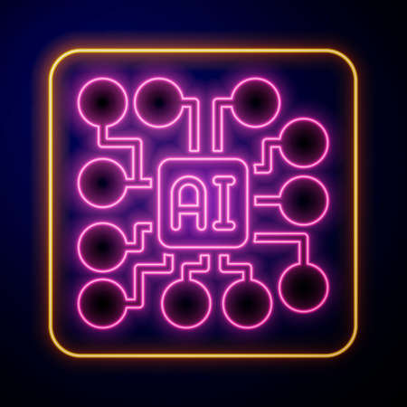 Glowing neon Neural network icon isolated on black background. Artificial intelligence AI. Vectorのイラスト素材