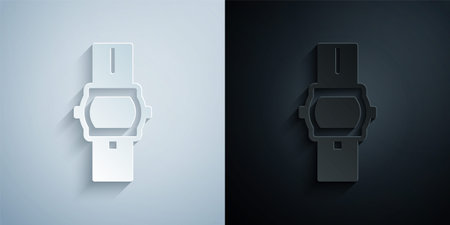 Paper cut Wrist watch icon isolated on grey and black background. Wristwatch icon. Paper art style. Vectorのイラスト素材