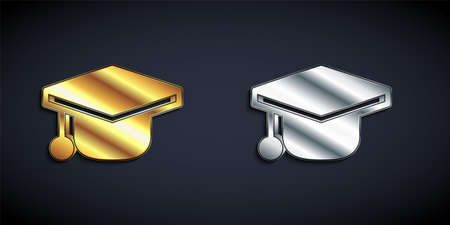 Gold and silver Graduation cap icon isolated on black background. Graduation hat with tassel icon. Long shadow style. Vectorのイラスト素材