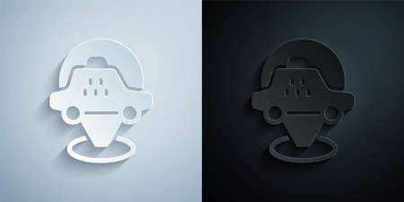 Paper cut Map pointer with taxi car icon isolated on grey and black background. Location symbol. Paper art style. Vectorのイラスト素材