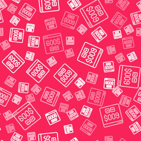 White line Monitor with dollar icon isolated seamless pattern on red background. Sending money around the world, money transfer, online banking, financial transaction. Vectorのイラスト素材