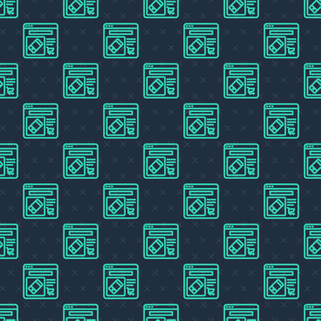 Green line Online shopping on screen icon isolated seamless pattern on blue background. Concept e-commerce, e-business, online business marketing. Vectorのイラスト素材