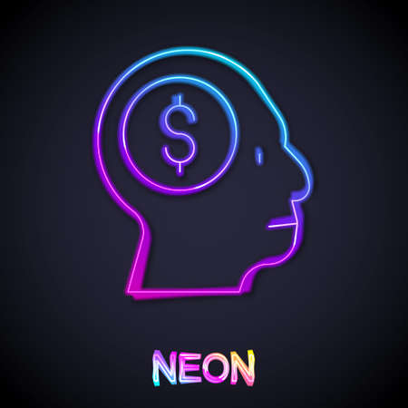 Glowing neon line Business man planning mind icon isolated on black background. Head with dollar. Idea to earn money. Business investment growth. Vectorのイラスト素材