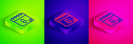 Isometric line Calendar icon isolated on green, blue and pink background. Event reminder symbol. Square button. Vectorのイラスト素材