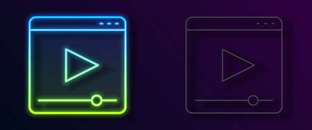 Glowing neon line Online play video icon isolated on black background. Film strip with play sign. Vectorのイラスト素材