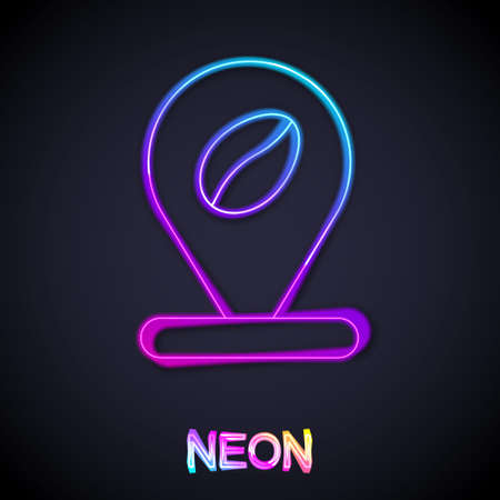 Glowing neon line Location with coffee bean icon isolated on black background. Vectorのイラスト素材
