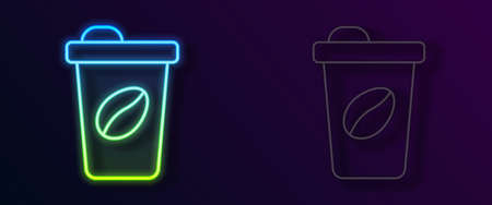 Glowing neon line Coffee cup to go icon isolated on black background. Vectorのイラスト素材