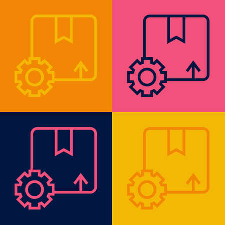 Pop art line Gear wheel with package box icon isolated on color background. Box, package, parcel sign. Delivery and packaging. Vectorのイラスト素材